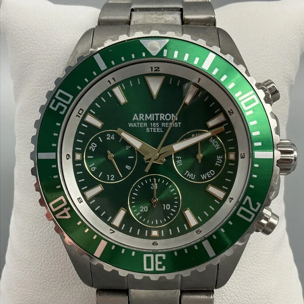 Armitron Mens Watch 45mm Green Dial Stainless Day Date New Battery 7.75